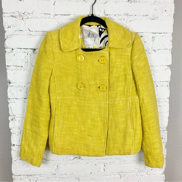 Milly New York Yellow Triple Button Double Breasted Twee Tweed Coat Blazer 6 - Picture 1 of 13